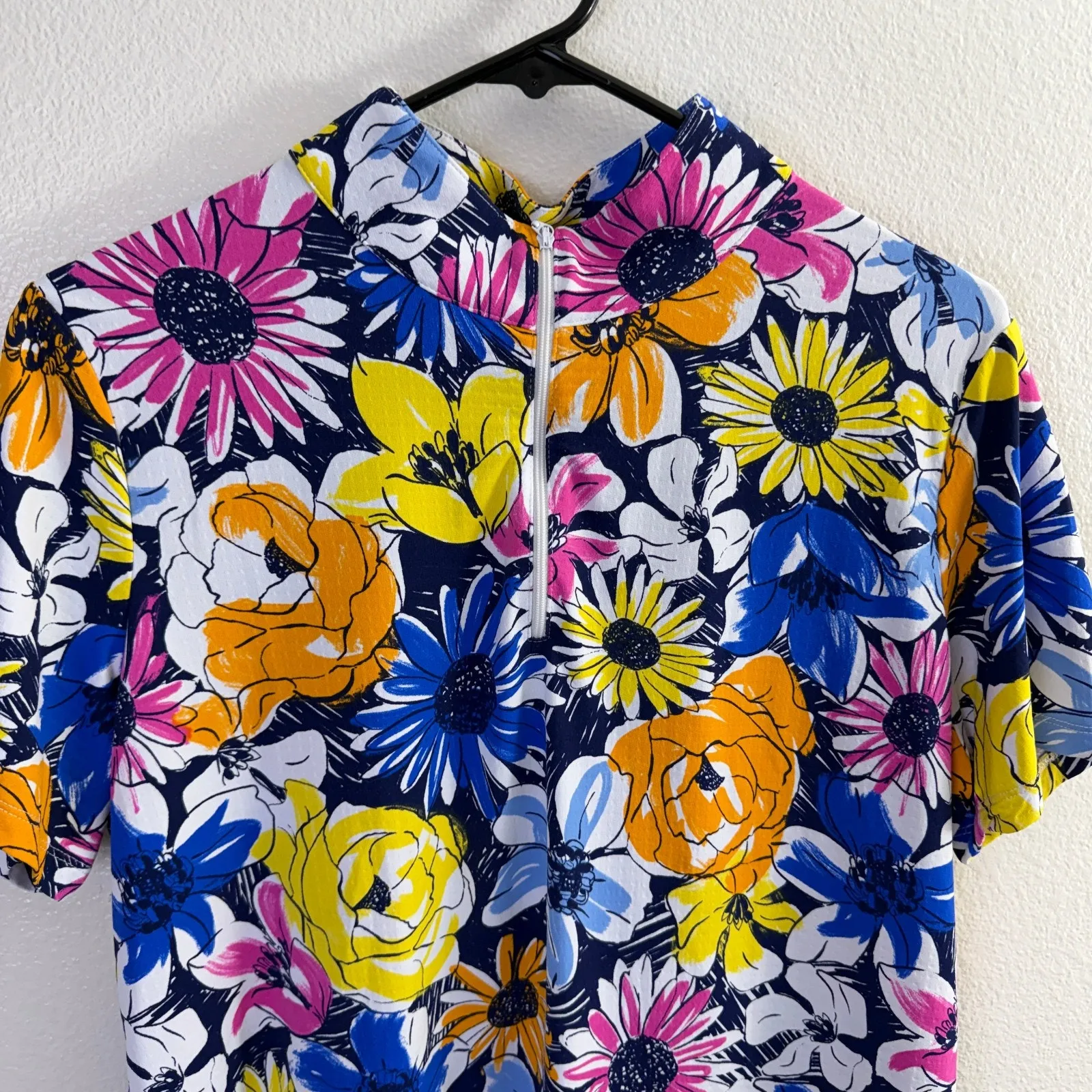 Ibkul Womens Short Sleeve Sun Shirt Womens XL Multi Floral Zip Golf Hiking UPF Blue - Image 2