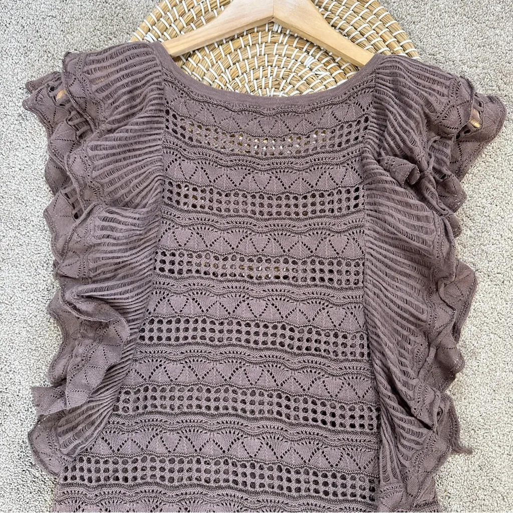 Knitted & Knotted Women’s Linen Blend Crochet Ruffle Sweater Shortsleeve Gypsy S Brown - Image 5