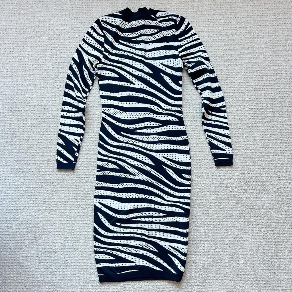 Karen Millen Zebra Print Knit Sweater Midi Dress Pointelle Bodycon Women’s XS - Image 3
