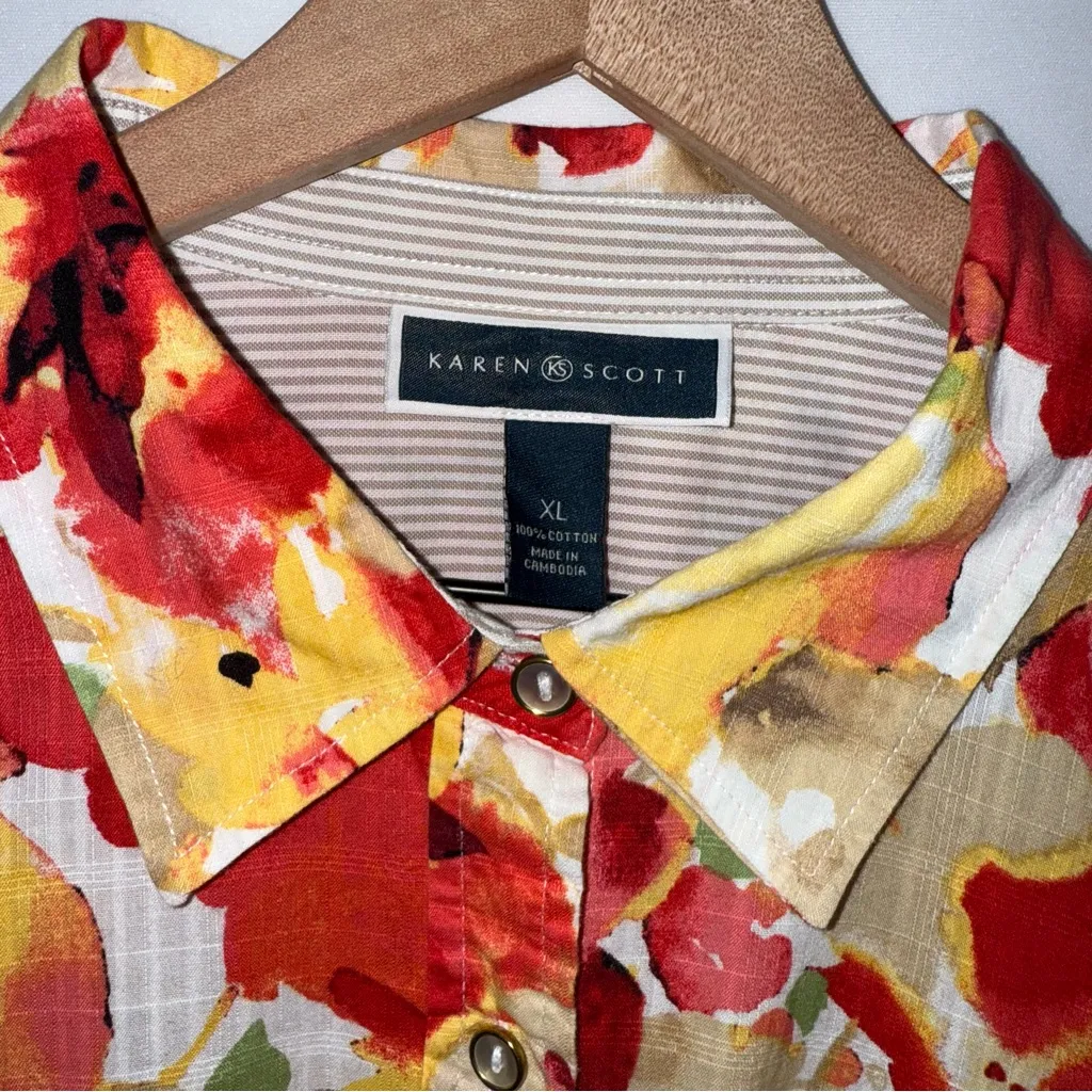Floral Print 3/4‎ Sleeve Karen Scott Collared Button Down Blouse - Image 4
