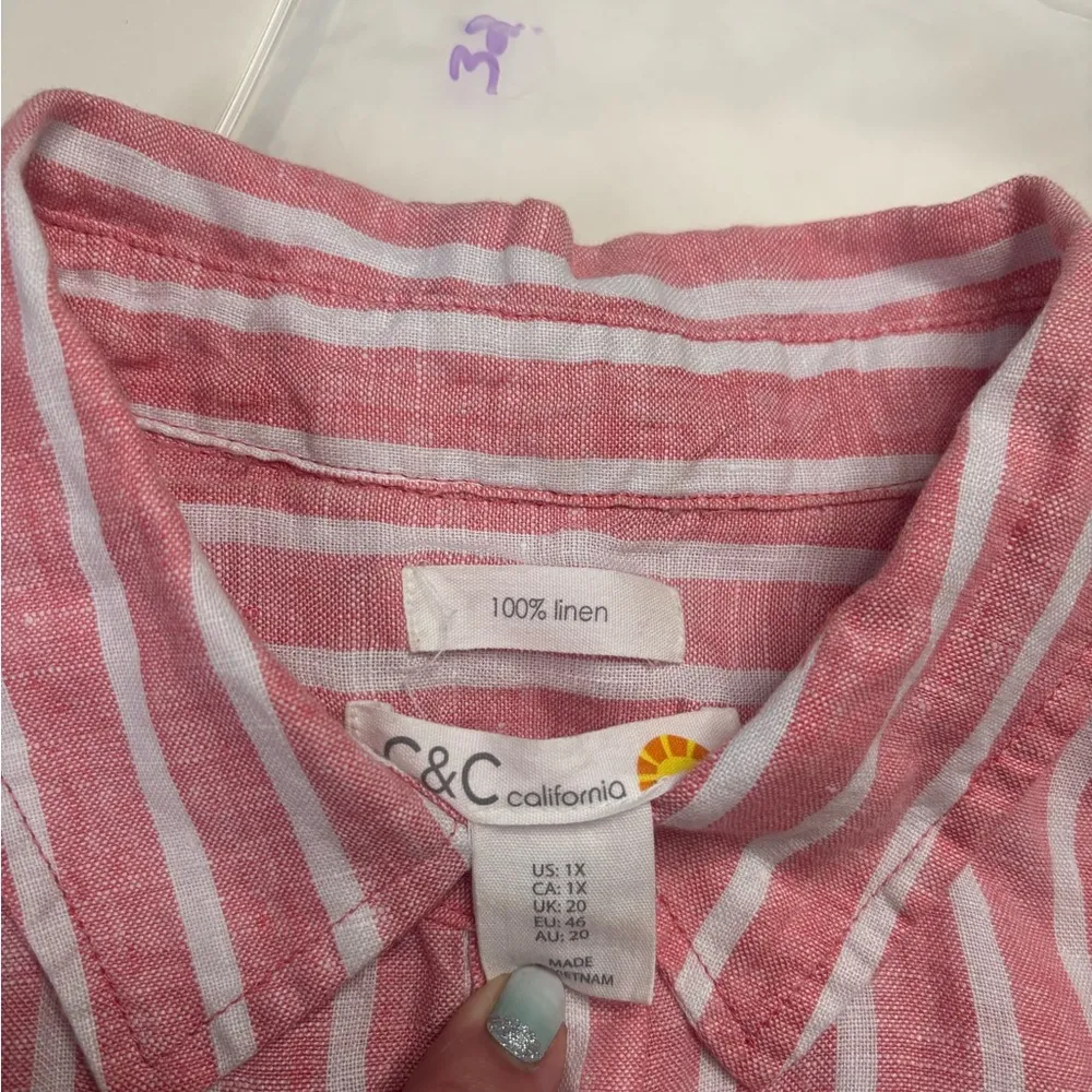C&C California Tunic Shirt Dress Size 1X 100% Linen Muted Red Stripe Shift - Image 5