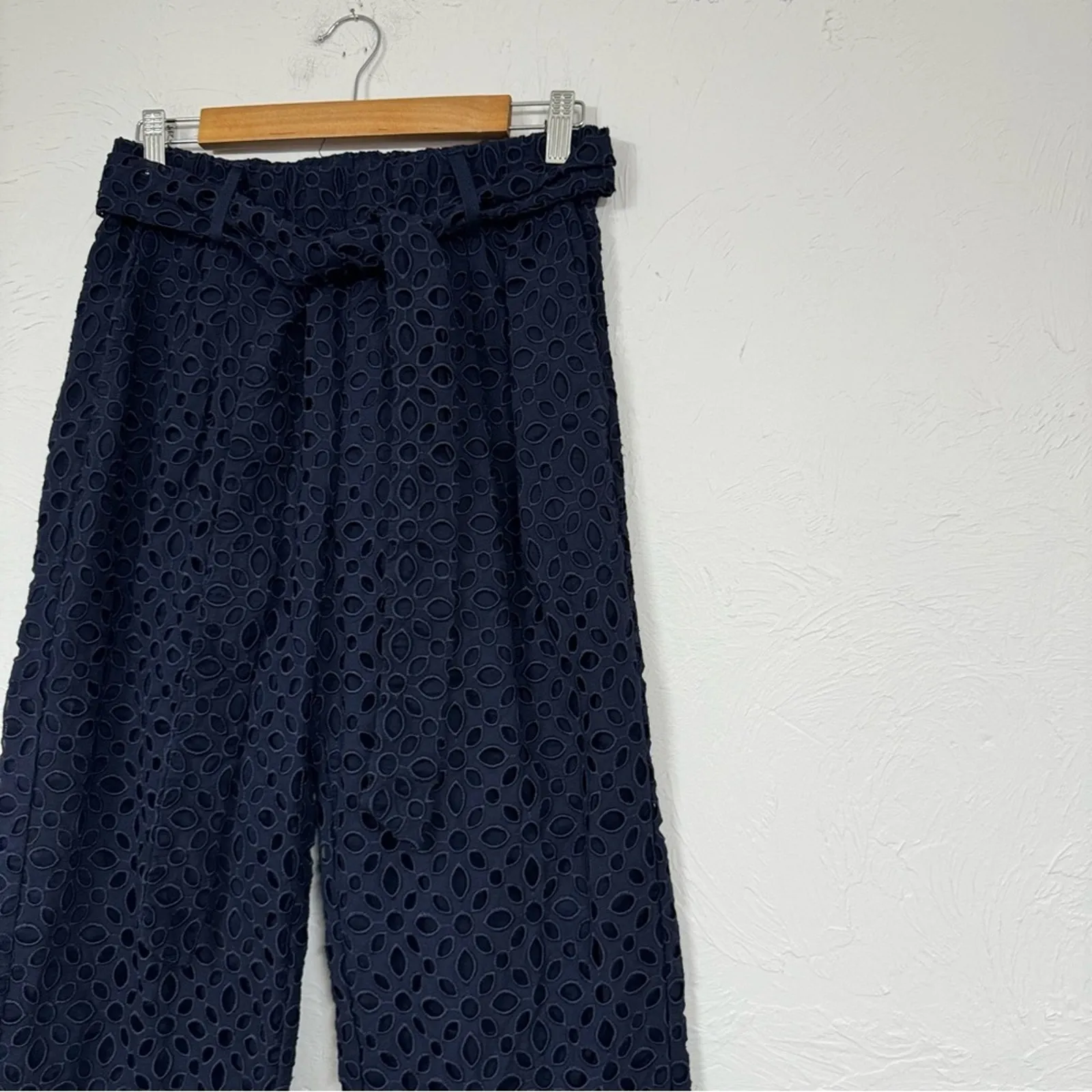 J Crew Blue Eyelet Wide Leg Trouser Dress Pants Womens 4 Tie Waist Cropped Boho - Image 5