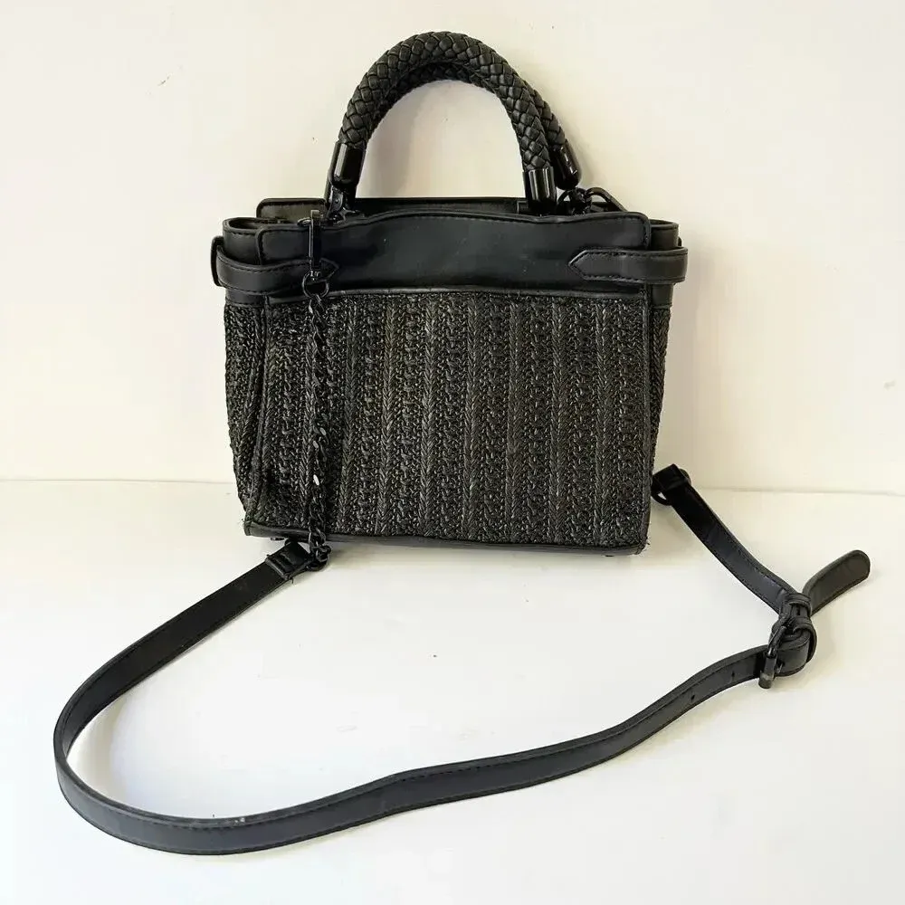 STEVE‎ MADDEN Bhaymann Black Woven Satchel Tote Crossbody Detachable Strap - Image 6