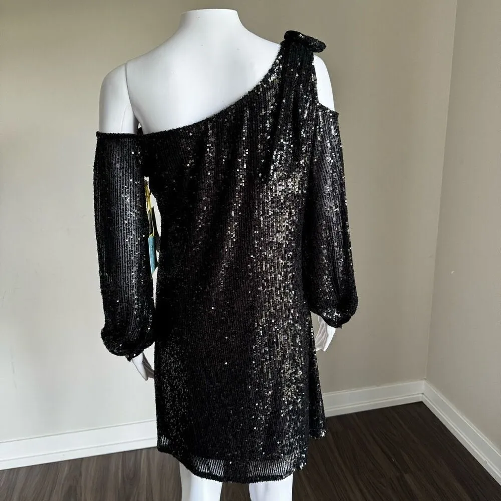 CeCe One Shoulder Sequin Dress With Bow NWT Black - Image 9