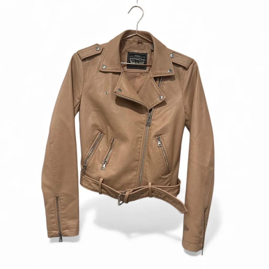 LEVI’S Women's Cream Faux-Leather Belted Hem Moto Jacket Sz xs - Image 7