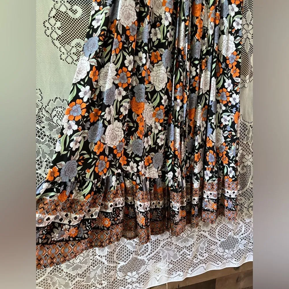 Modern Bloomchic Smocked Black Orange Green Halter Cottagecore Maxi Dress - Image 9