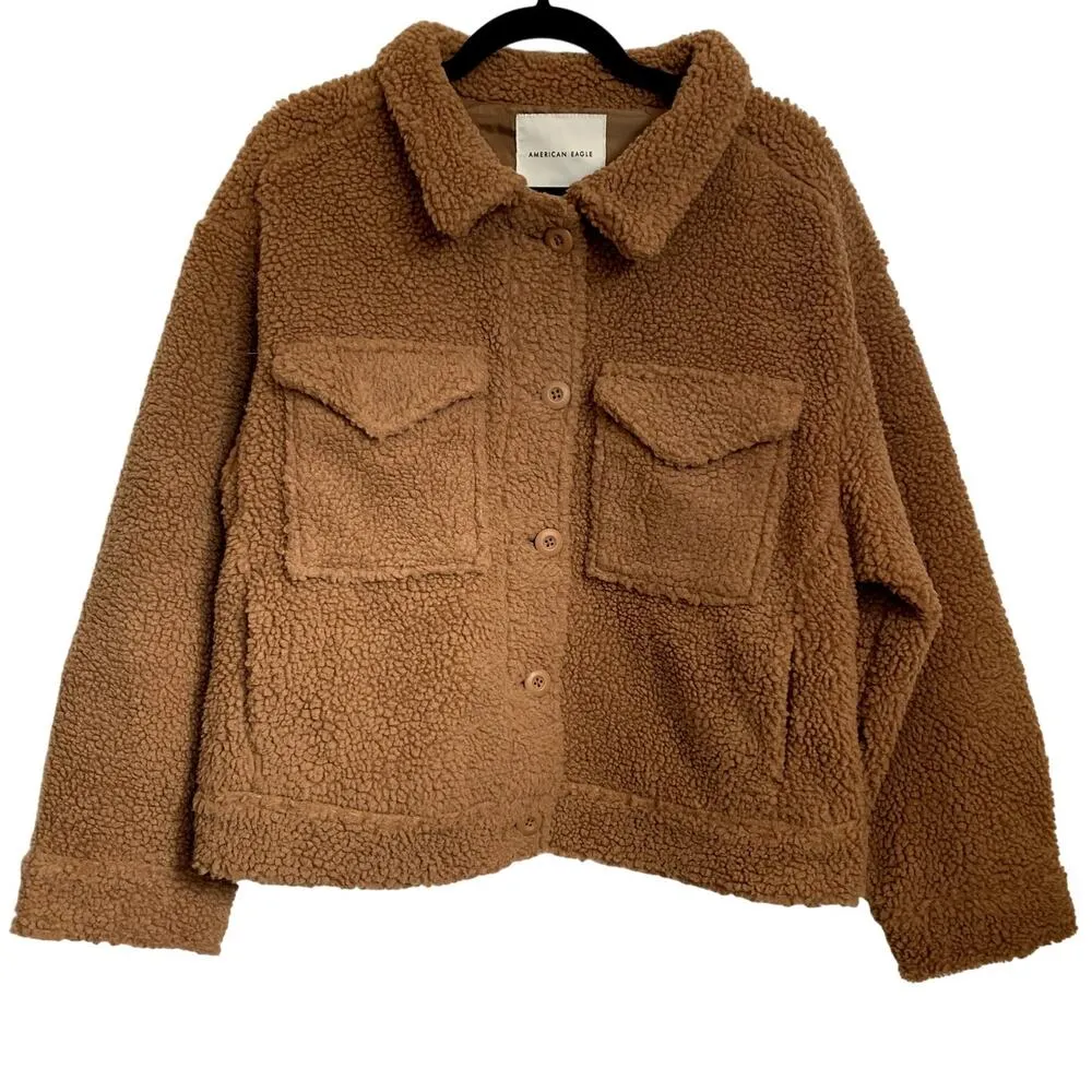 NEW American Eagle Oversized Collared Teddy Jacket in Brown - Image 2