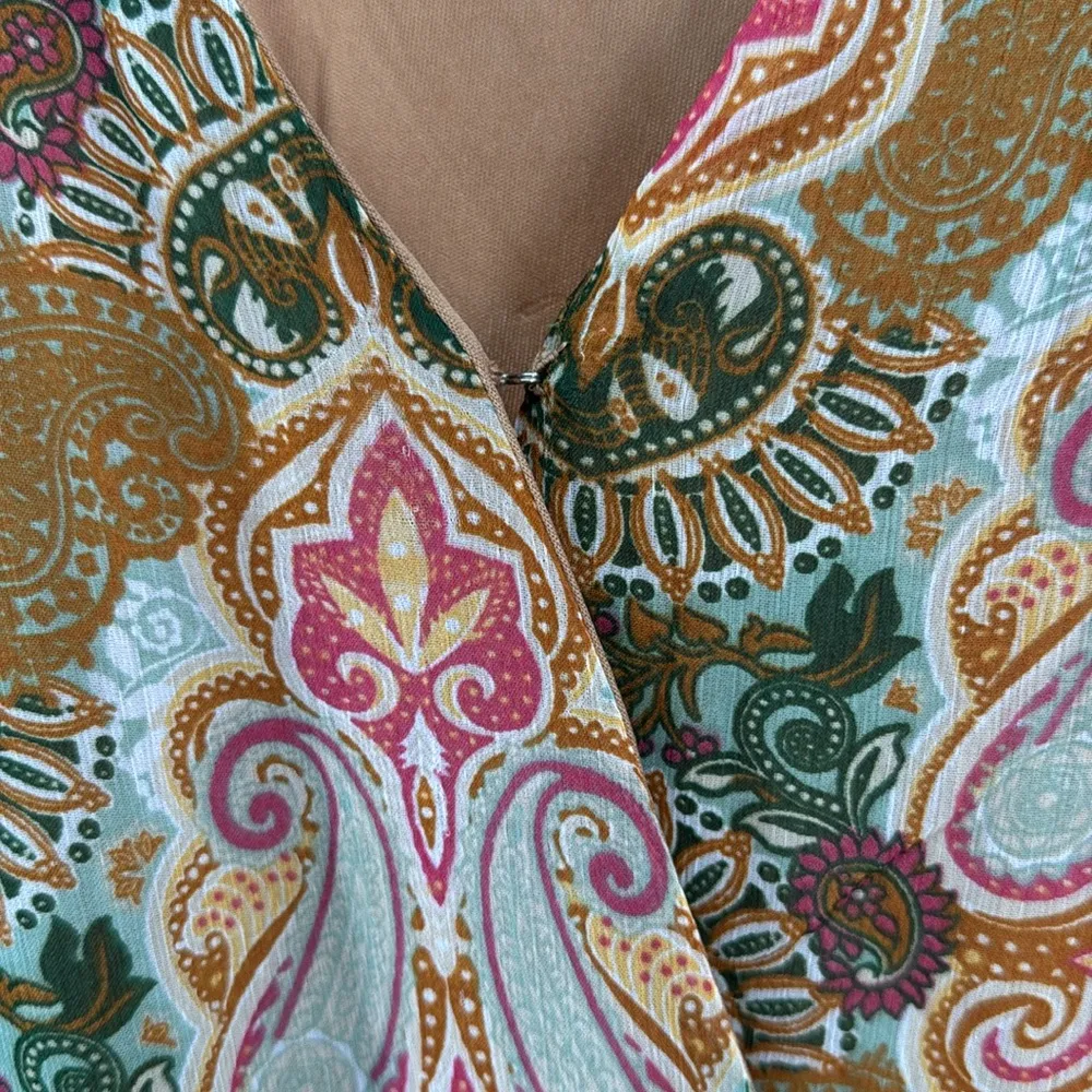 Justin Boots Pink tan maxi wrap Sheath Dress Bishop Sleeves paisley M ruffle - Image 15