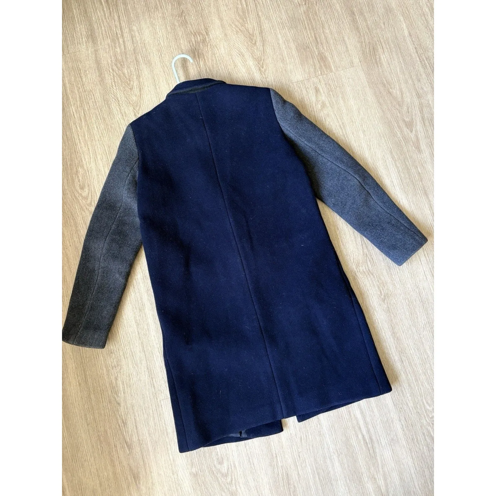 SANDRO Women’s Mid-Long Wool Coat Leather Trim Navy & Gray Size 36 - Image 4