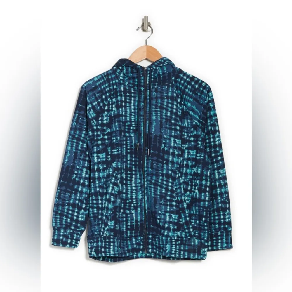 NWT Halston Studio Blue Teal Tie Dye Long Sleeve Hoodie Hooded Zip Up Jacket New - Image 2