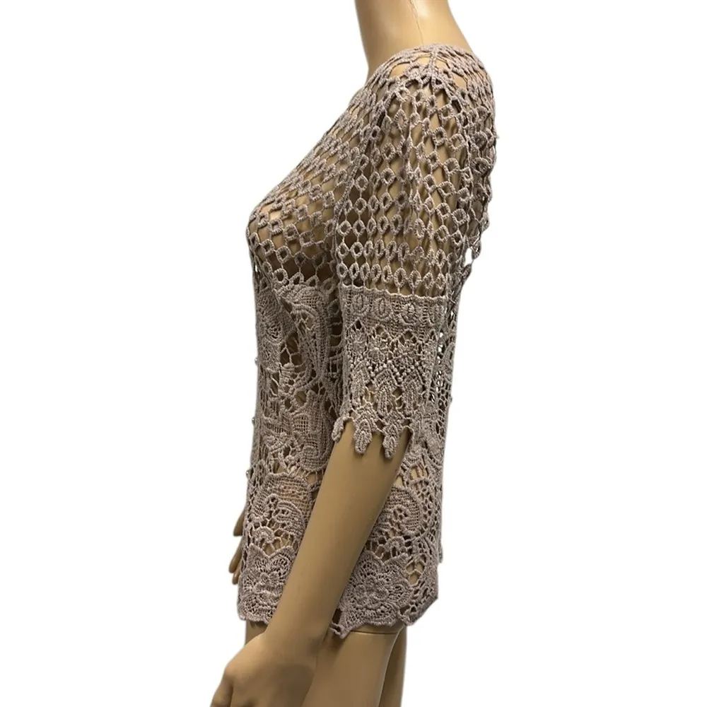 Questions by Say What Tan Crochet Knit Gem Button Down Half Sleeve Top Womens S - Image 2