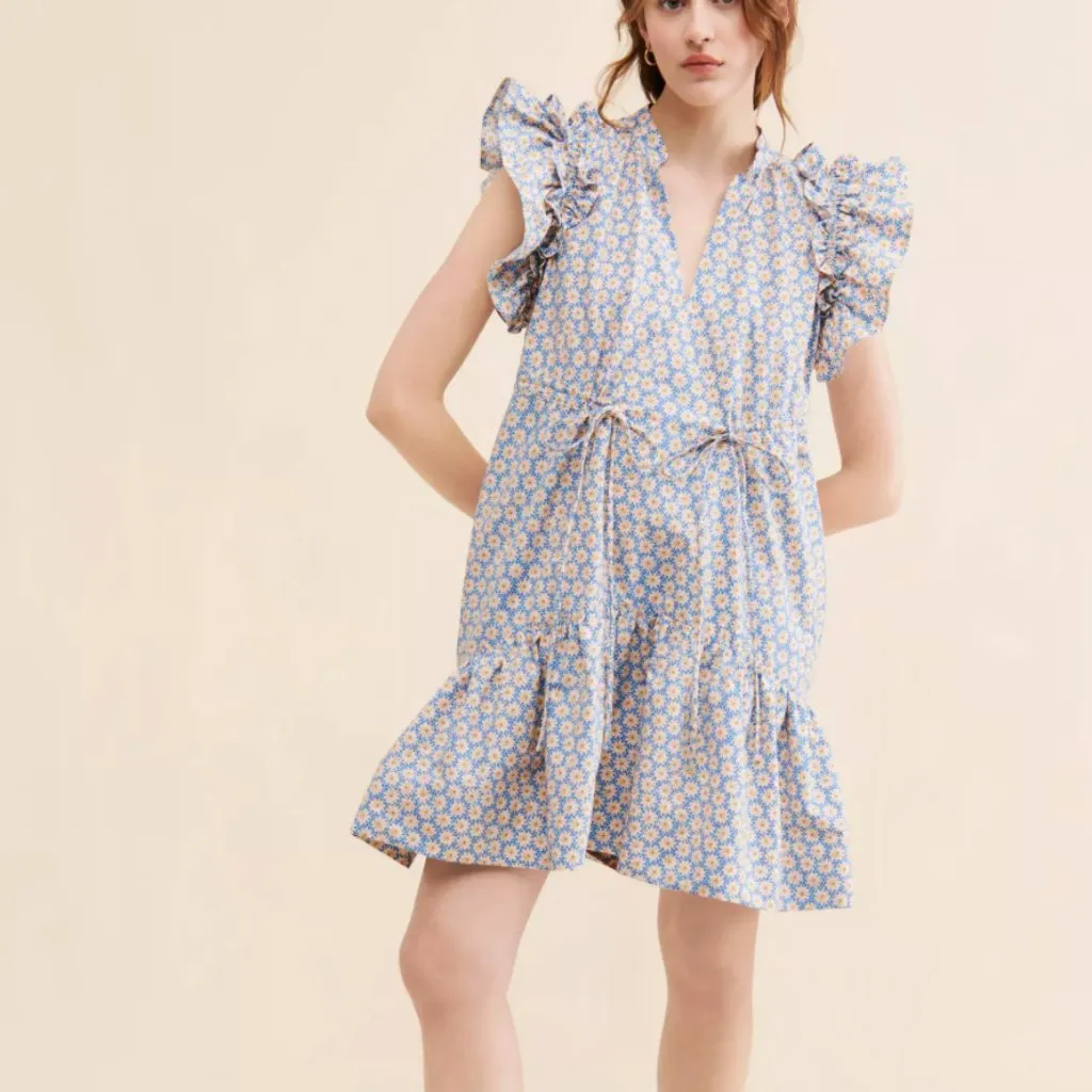 Anthropologie Floral Daisy Ruffle Sleeve Mini Dress Size L Blue Size L - Image 7