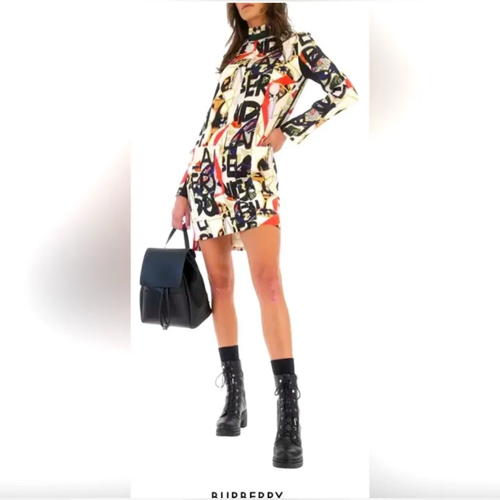 Burberry London Zoya High-Neck Graffiti Print Mini Dress Silk Wool Size 0 NWOT - Image 2