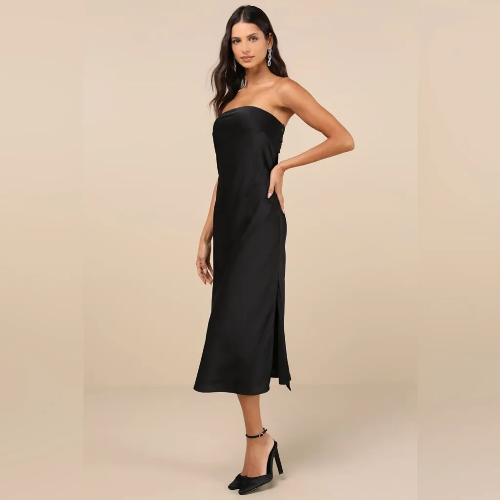 LULU’S Effortless Bliss Black Satin Strapless Cowl Back Midi Dress - Image 6