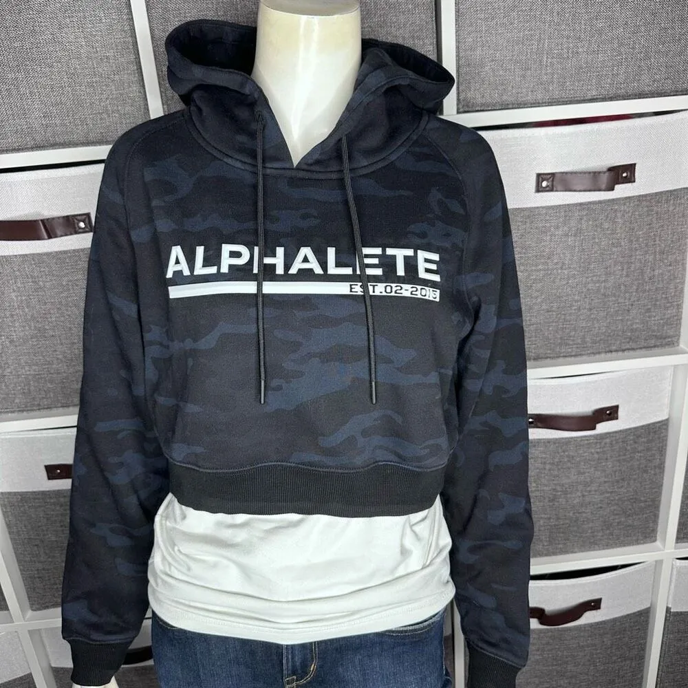 Alphalete Blue & Black Logo Camo Cropped Hoodie Sweatshirt Size Small - Image 12