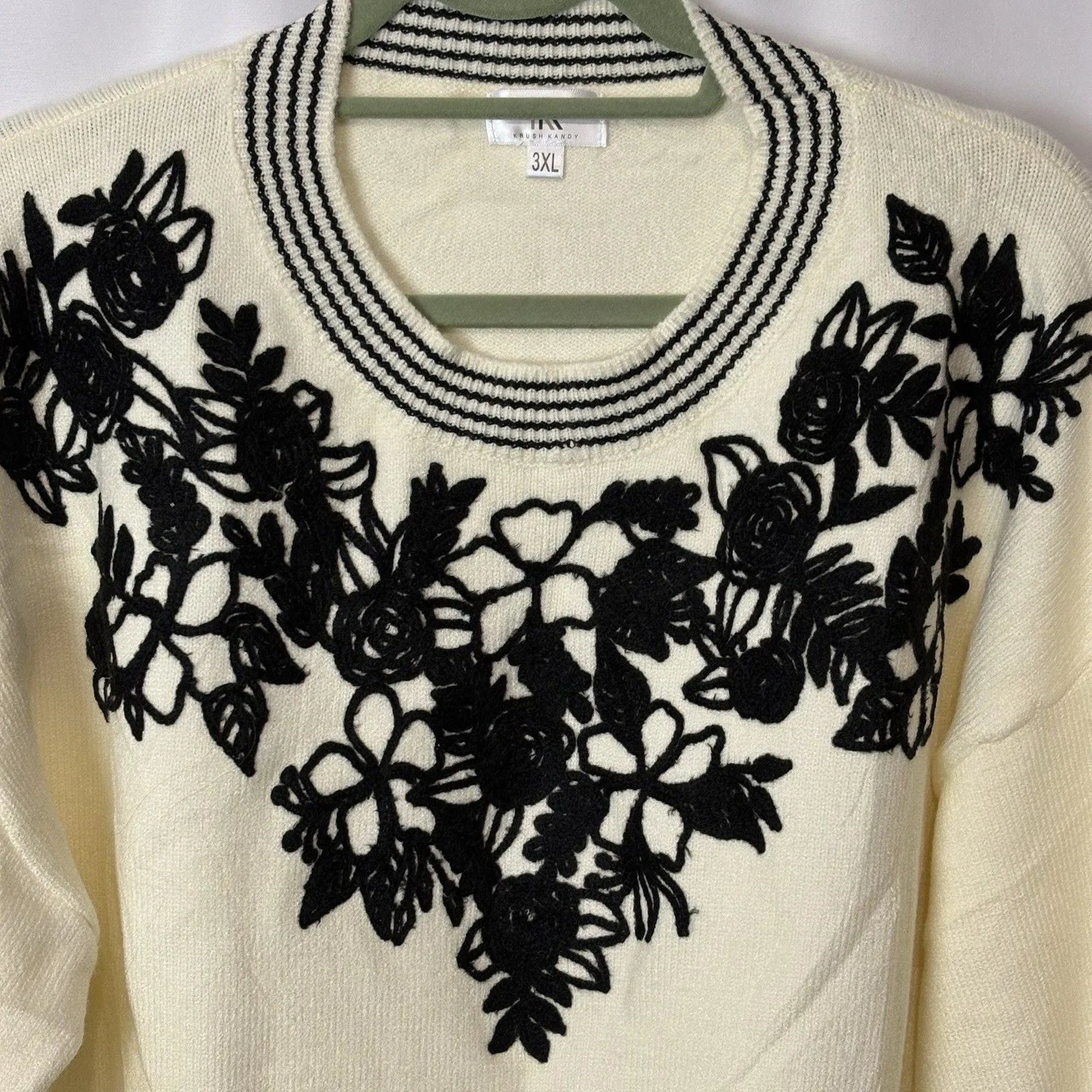 Krush Kandy Sweetest Devotion Floral Stripe Embroidered Sweater 3X Boho Soft Black - Image 4
