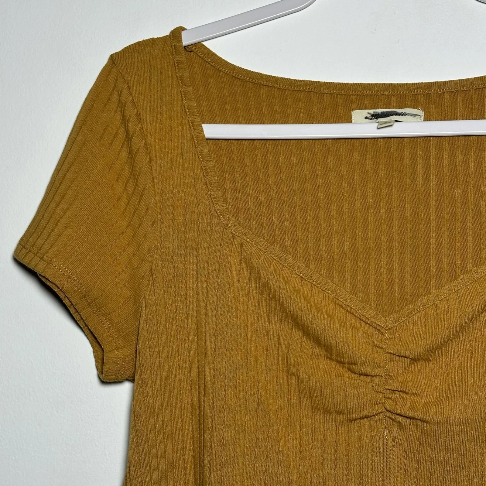 Madewell Ribbed Square Neck Ruched Short Sleeve Top Mustard Yellow Size L - Image 8