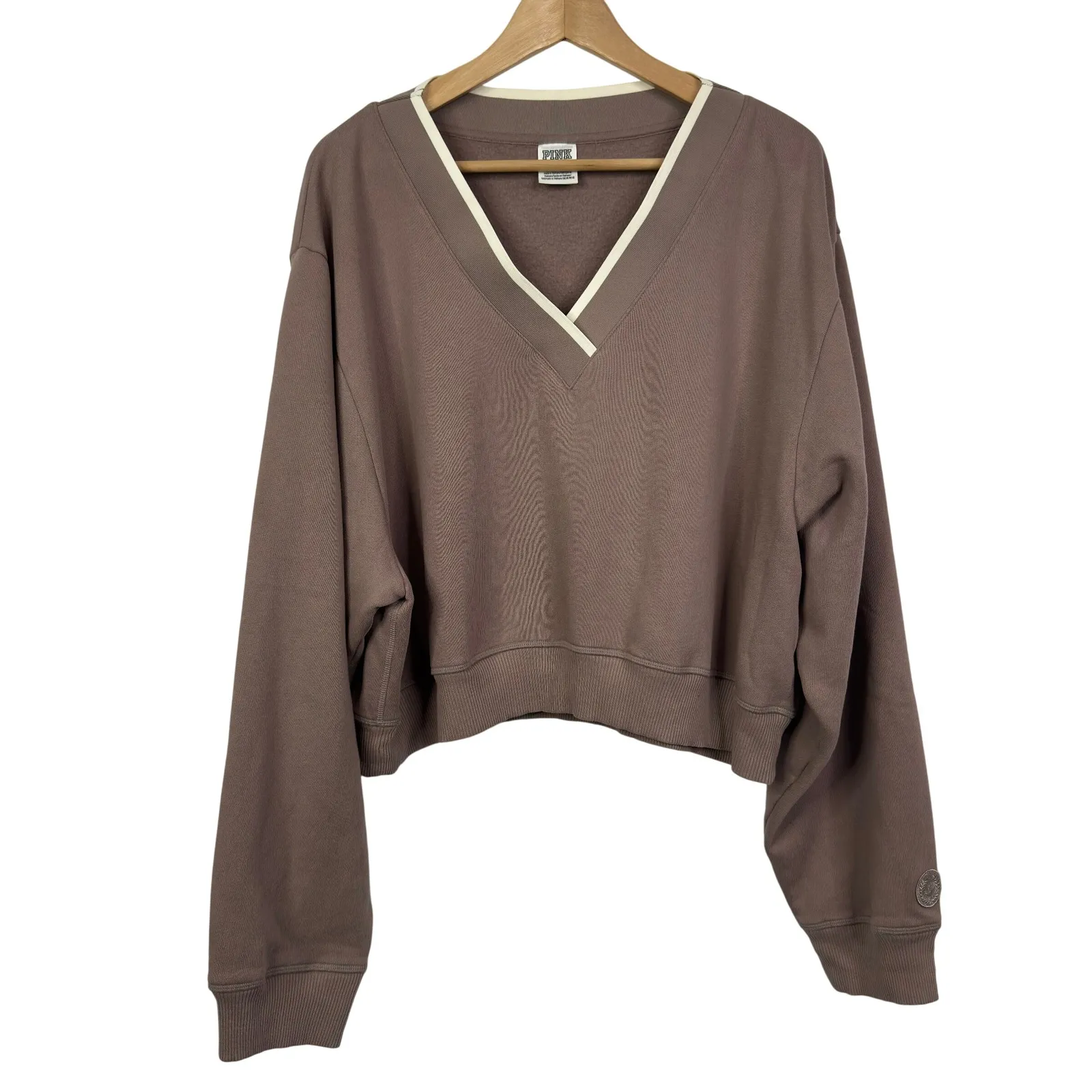 PINK Victoria's Secret Cropped V Neck Sweatshirt Brown XXL - Image 2
