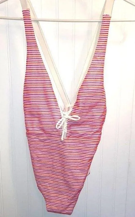 Iona NWT One-Piece Swimsuit poppystripe lace up front sz L - Image 2