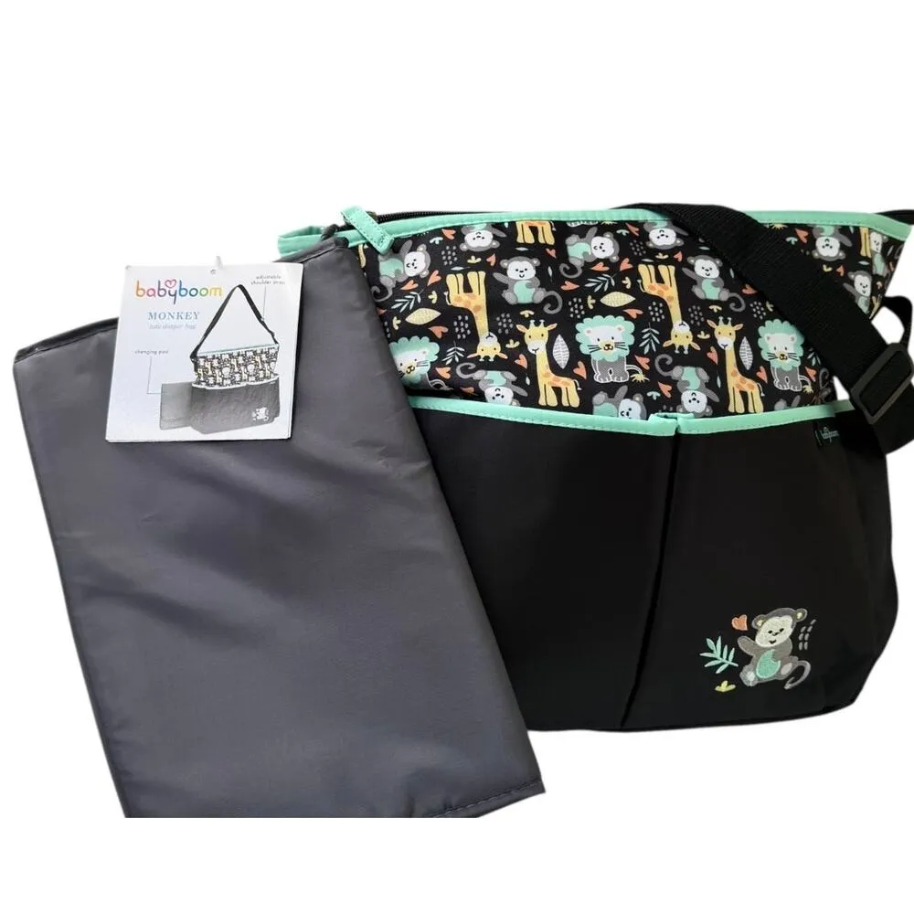 NEW Baby Boom Monkey Print DIAPER BAG TOTE Purse 16x12 + Baby Changing Pad Black - Image 8