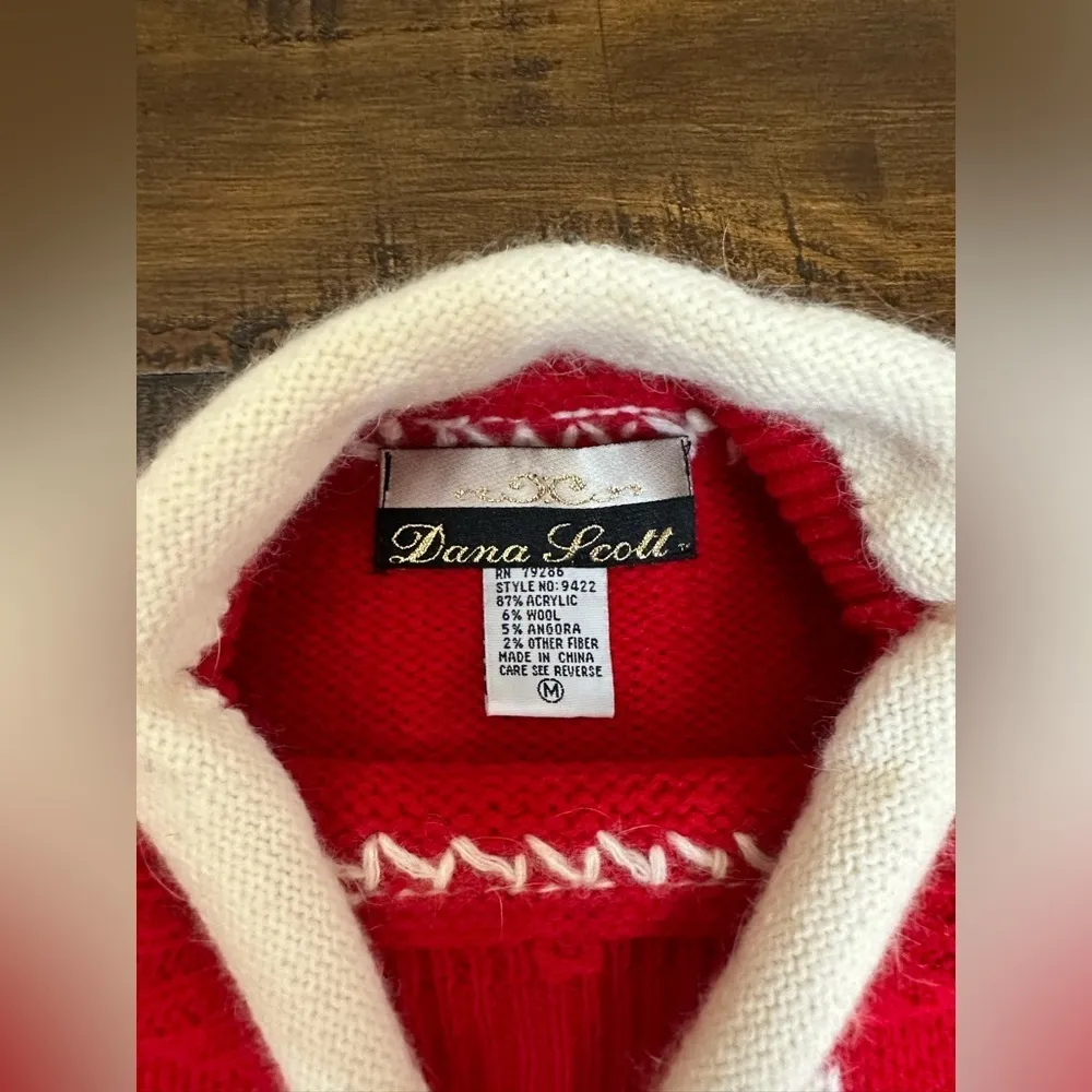 Vintage Dana Scott Mock Neck Sweater Red embroidered Wool, Angora Size Medium - Image 4