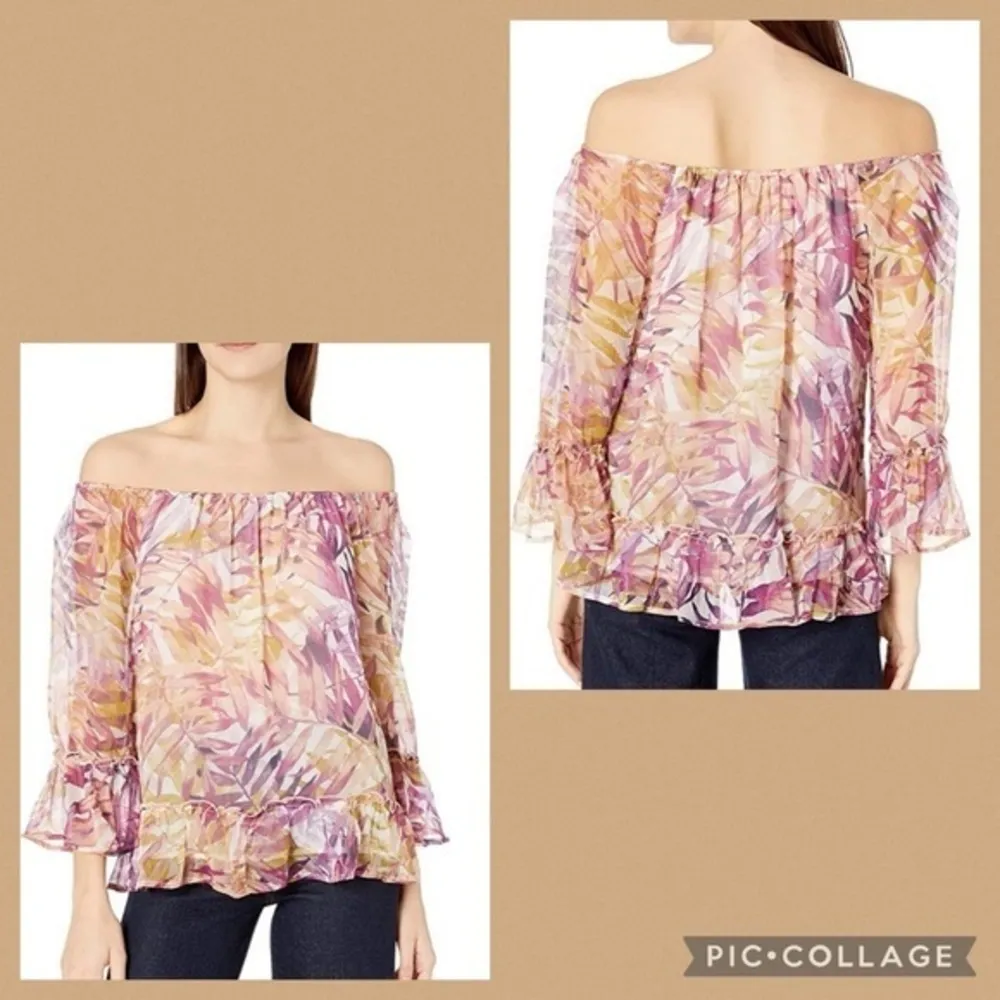 Lucky Brand Tan/Lavender Leaf Print Chiffon Off Shoulder Long Sleeve Top Large - Image 2