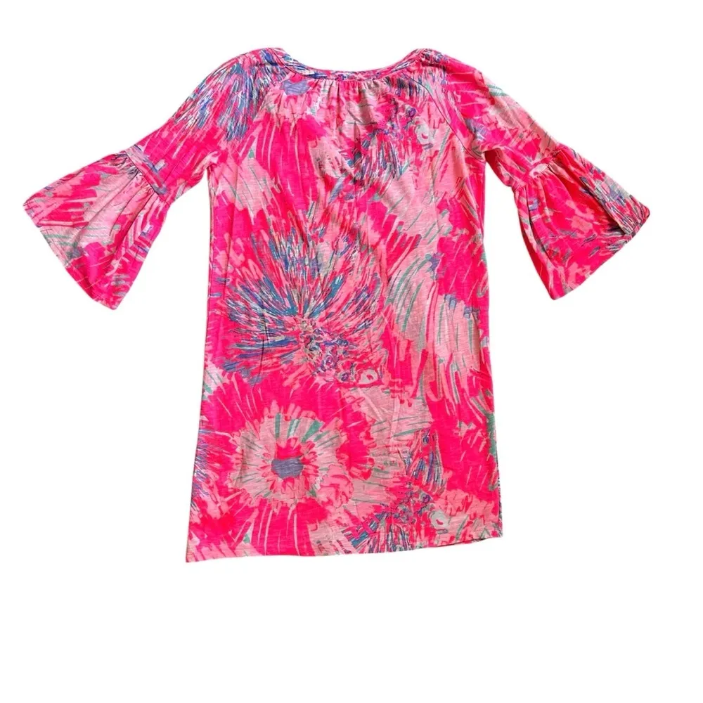 Lilly Pulitzer XS Pink Blue Tie-Dye Bell Sleeve Dress Tassel Neck Boho Resort - Image 2
