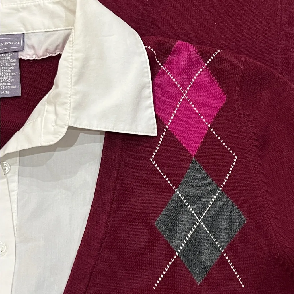 Laura Scott Burgundy and Gray Argyle 2Fer Cardigan Size Medium - Image 6