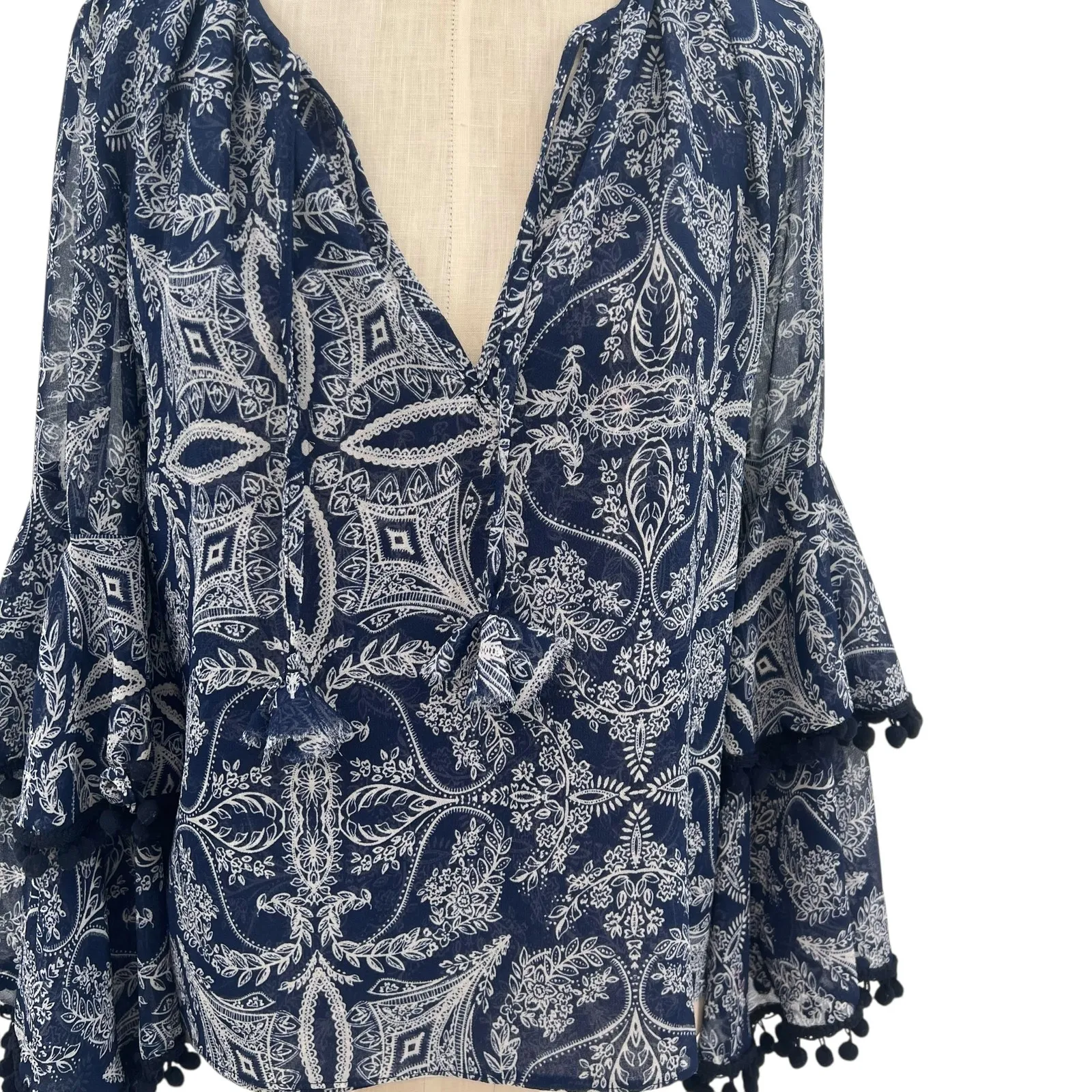 Misa Los Angeles Maya Bell-Sleeve Top Paisley Pom Trim Navy Blue Size XS - Image 5
