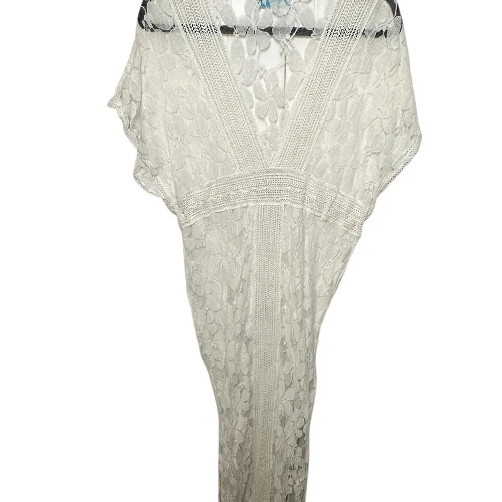Tashia Lace Maxi Cover Up White Kaftan Deep V Tassel Drawstring Side Slits SizeS - Image 3