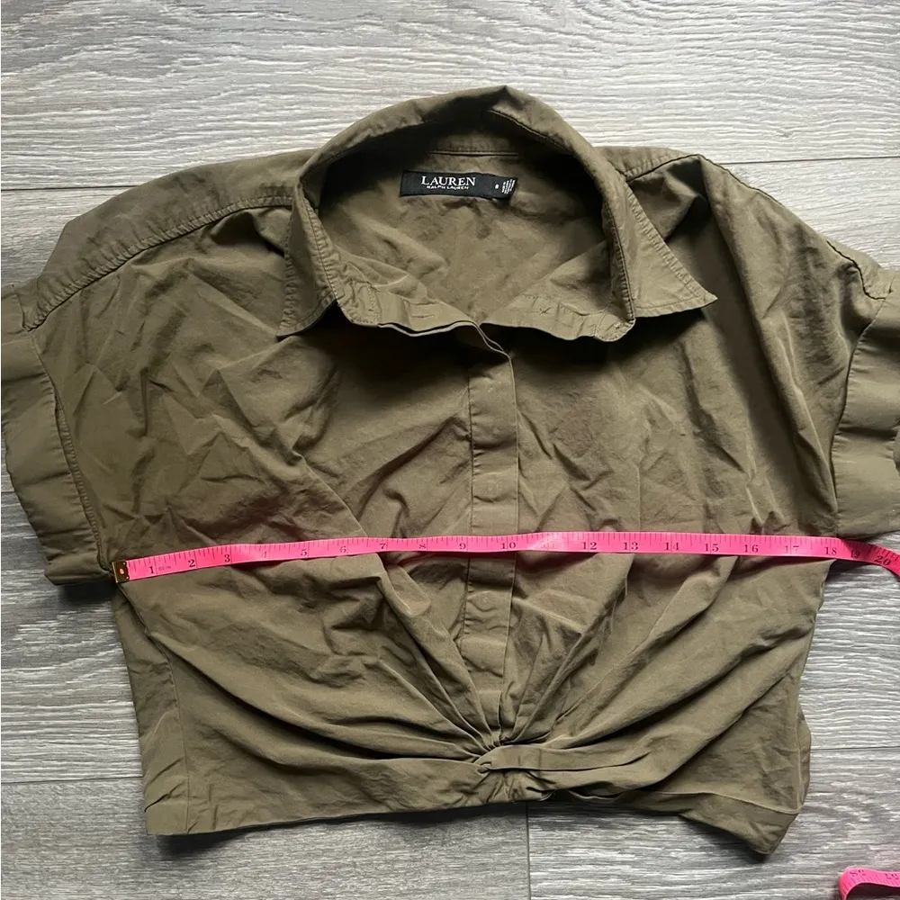 Lauren Ralph Lauren Olive Army Green 100% Cotton Bunched Front Crop Top Size 8 - Image 4