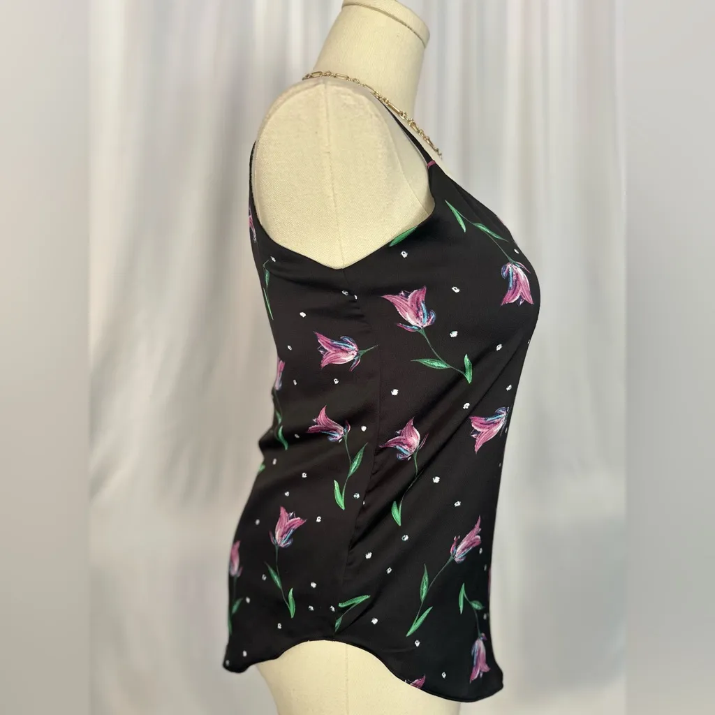 Tahari Floral Satin Cami Top Black Pink Lily Print V-Neck Spaghetti strap (1066) - Image 6