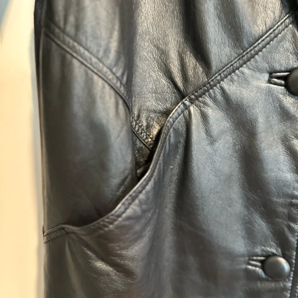 Vintage 90s Jacqueline Ferrar Sz: S Black Leather Button Up Long Trench Coat. - Image 14