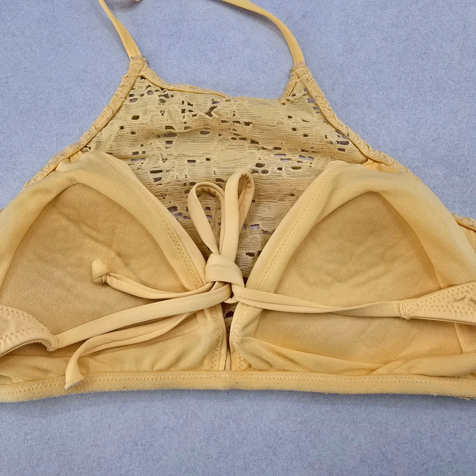 H&M Yellow Lace Crochet Eyelet Halter Tie Padded Bikini Bralette Swim Top 6 - Image 5
