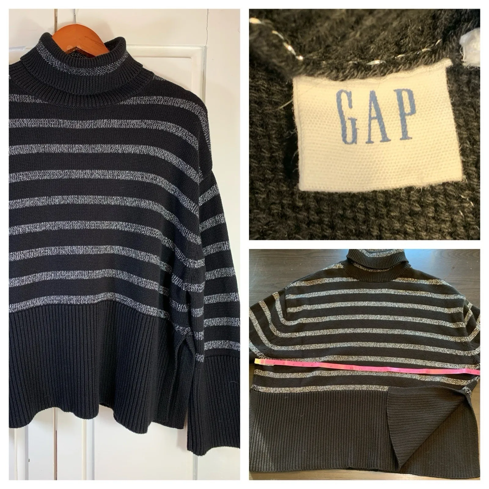 Gap Turtleneck Sweater Womens Small Split-Hem Striped Cotton‎ Oversized Metallic - Image 2