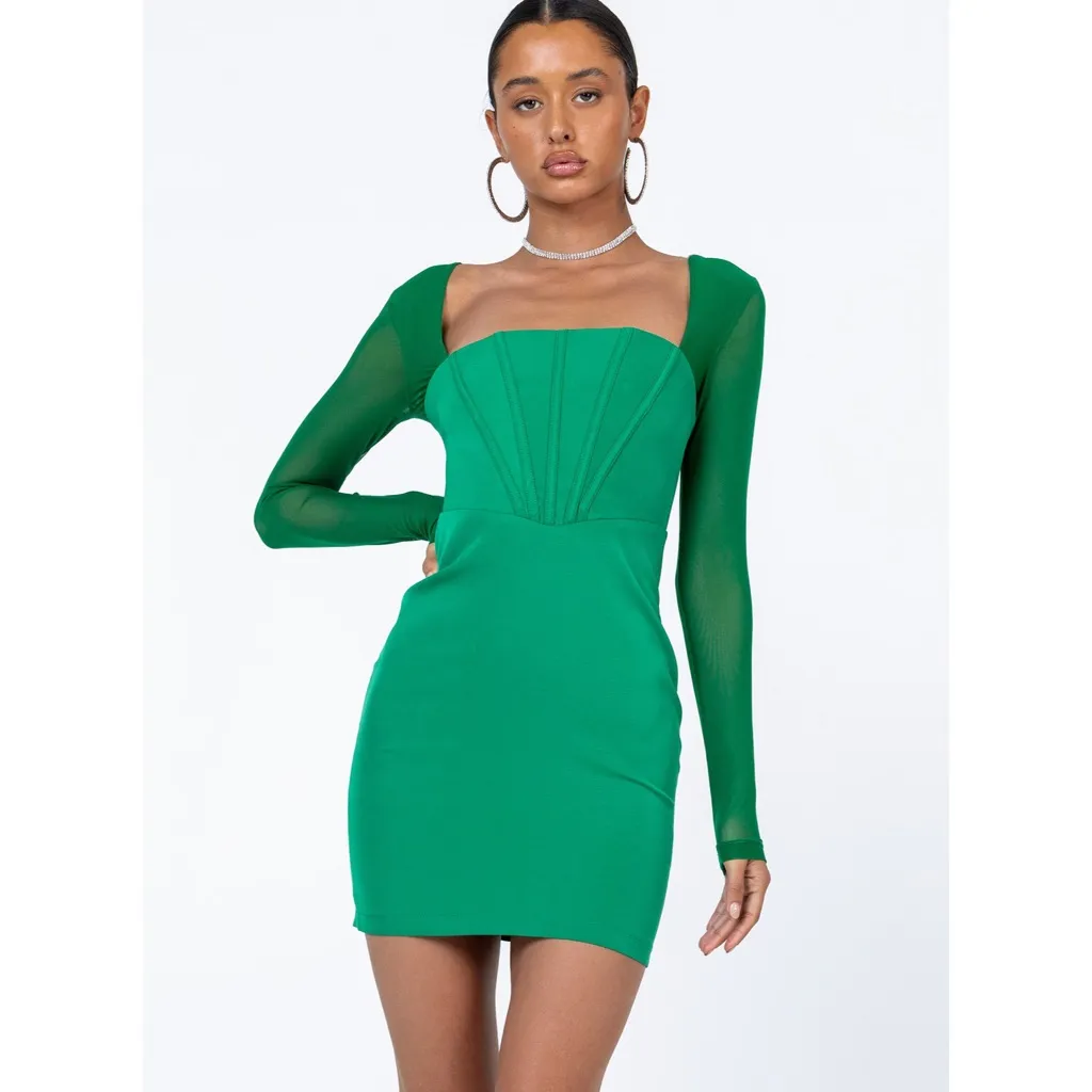 NWT Princess Polly Austin Long Sleeve Mini Dress Green Mesh Detail - Image 2