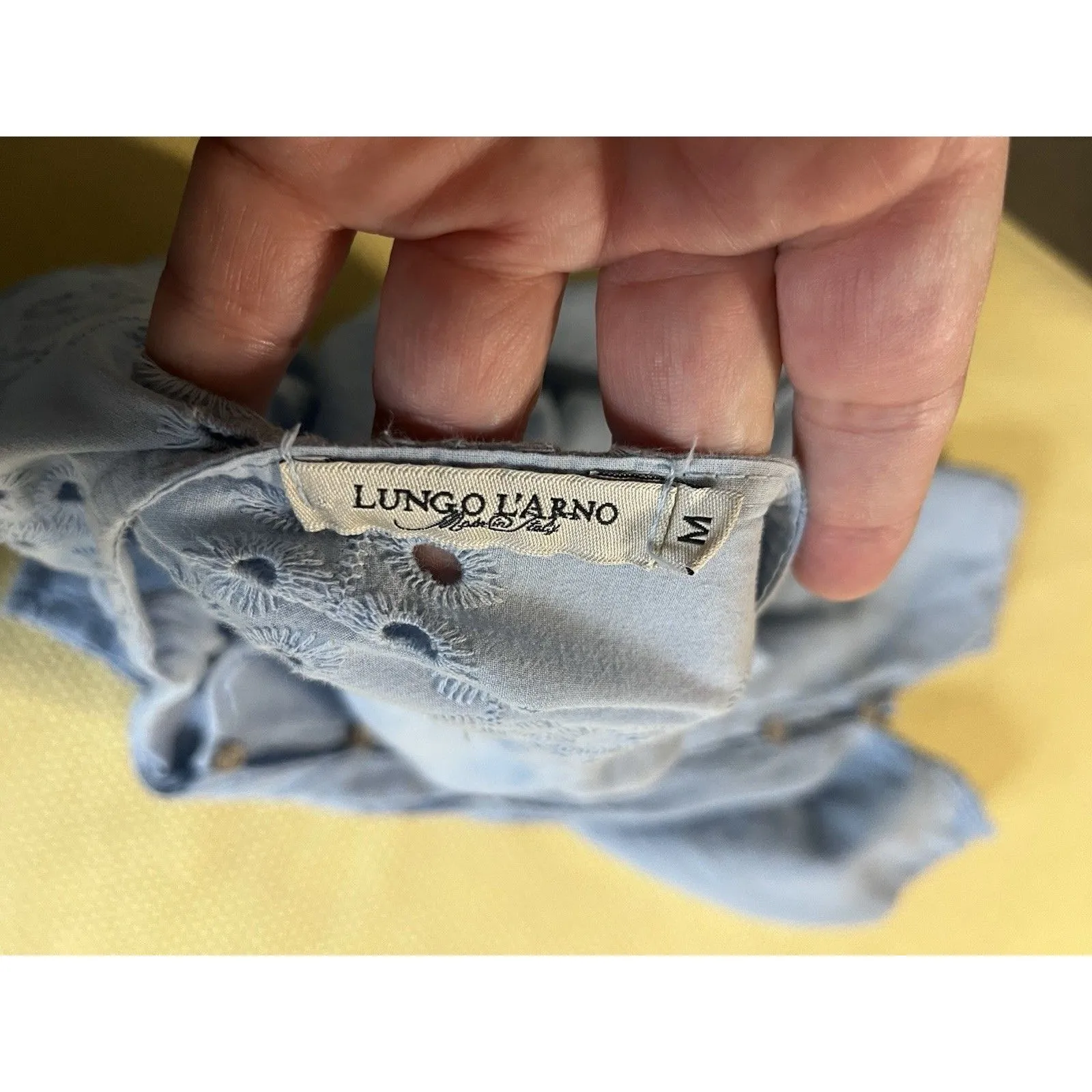 Lungo L’arno Blue 100% Linen Blouse Size M Pintuck Pleated Eyelet Coastal Size M - Image 7