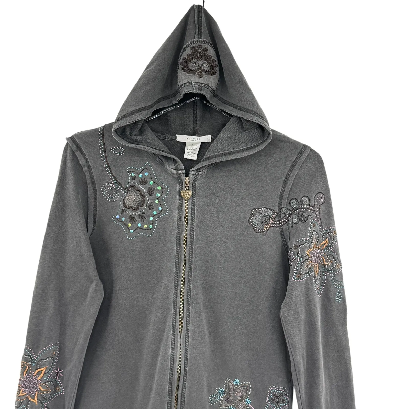 Vertigo Paris jacket women's L embroidered hooded sweatshirt full zip boho Y2K - Image 2