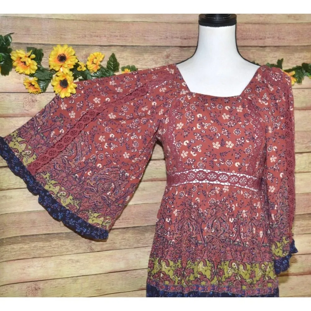 Cute Angie Dress Women’s Size L Floral Boho Puff Bell Sleeve Midi Smocked Lace - Image 9