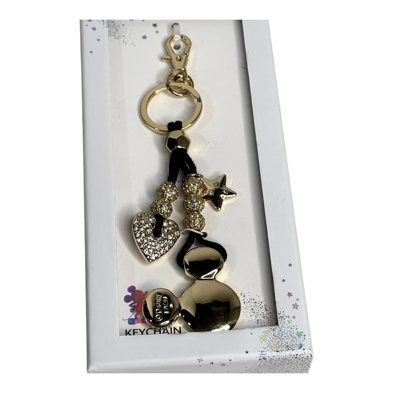 Disney Mickey Mouse Bag Charm Key Ring Crystal Heart Purse Accessory Gold Box - Image 2