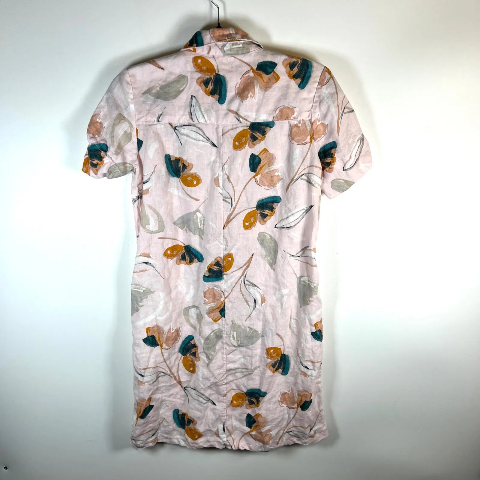 Rachel Zoe Linen Floral Shirt Dress Pink Mustard Short Sleeve Button Front XS - Image 6