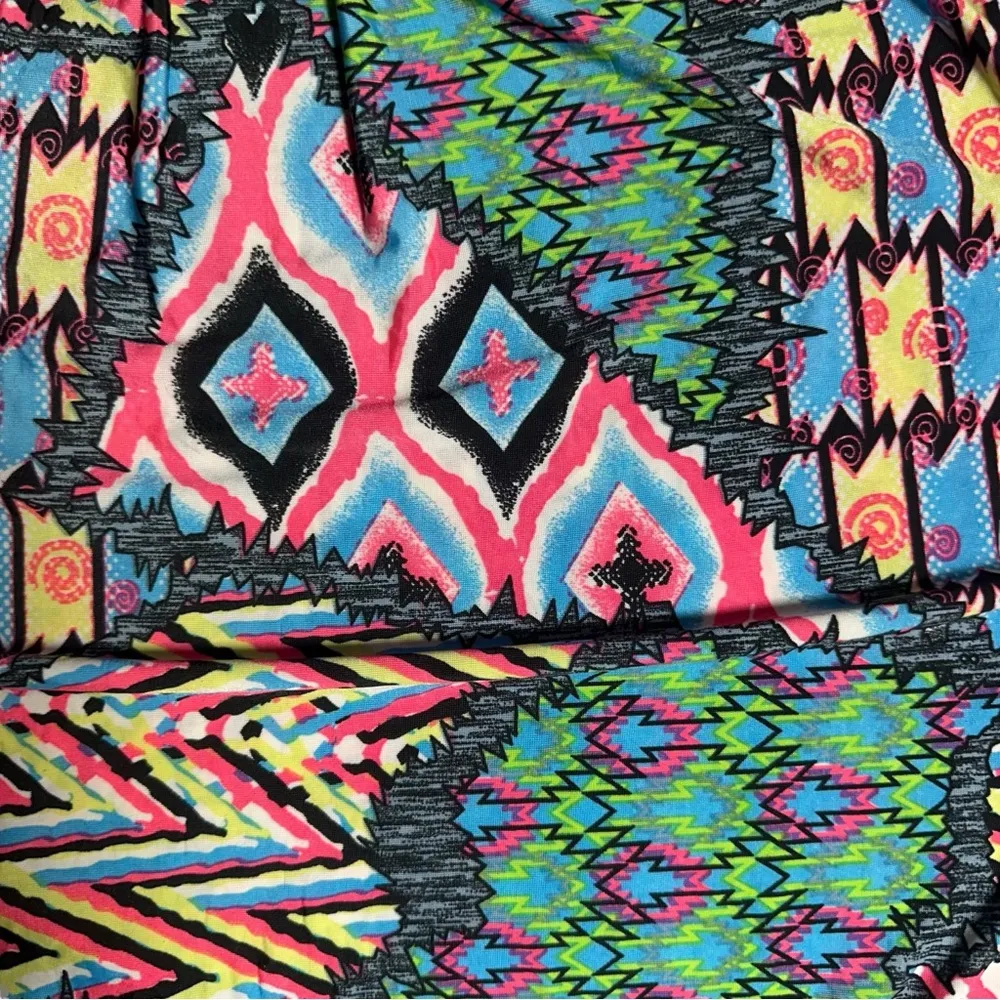 Retro 2010s Smocked Boho Geometric Abstract Mini Dress Beaded Necktie Large Pink - Image 5