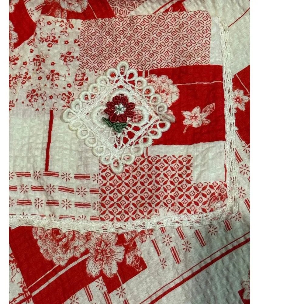 Vintage Ruffled Prairie Apron style red white floral patchwork dress size XS - Image 14
