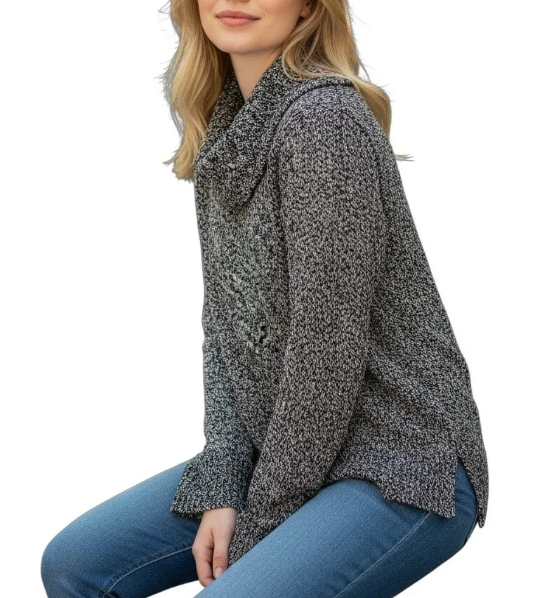 Rafaella Black Grey Marled Cowl Neck Sweater Size M Cozy Winter Knit - Image 1