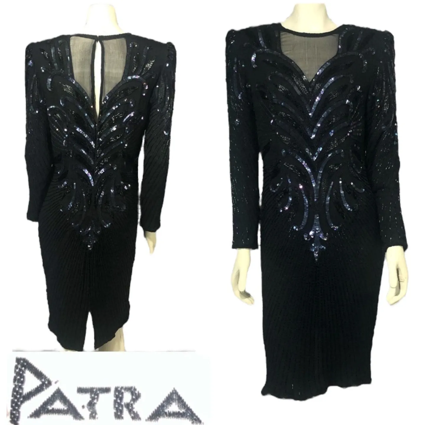 Vintage 1980s Patra New York black silk beaded cocktail dress medium - Image 2