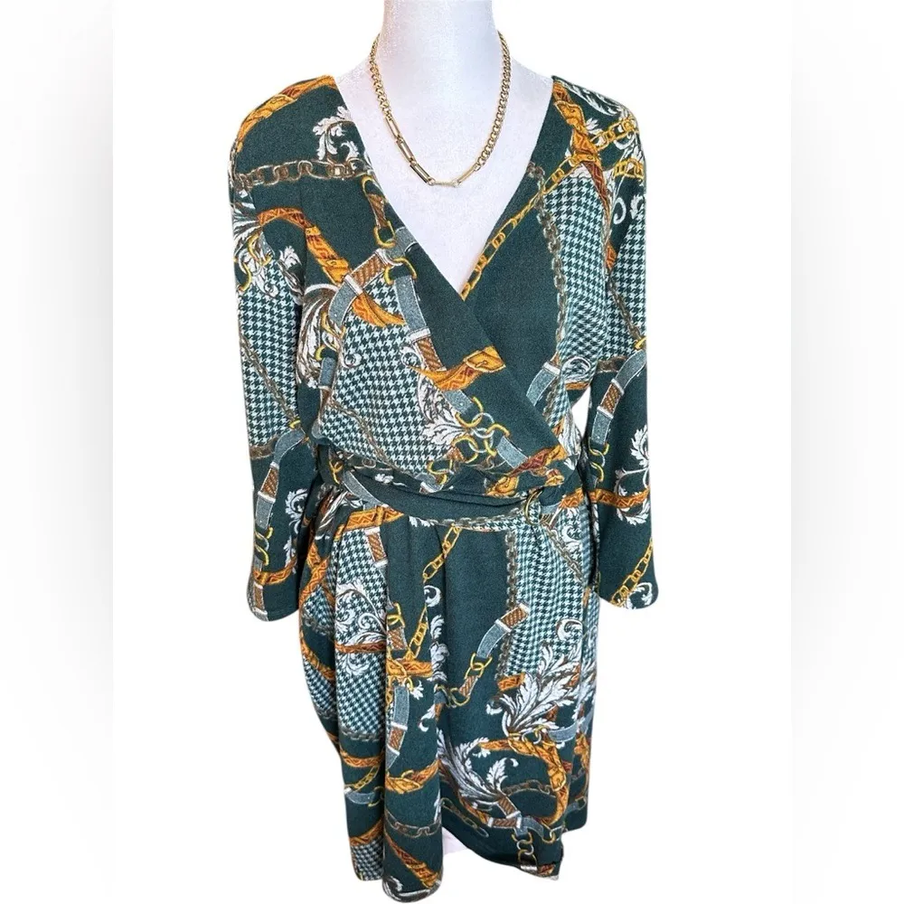 Tacera Luxe Green Houndstooth & Gold Chain Print Wrap Dress - Size XL - Image 3