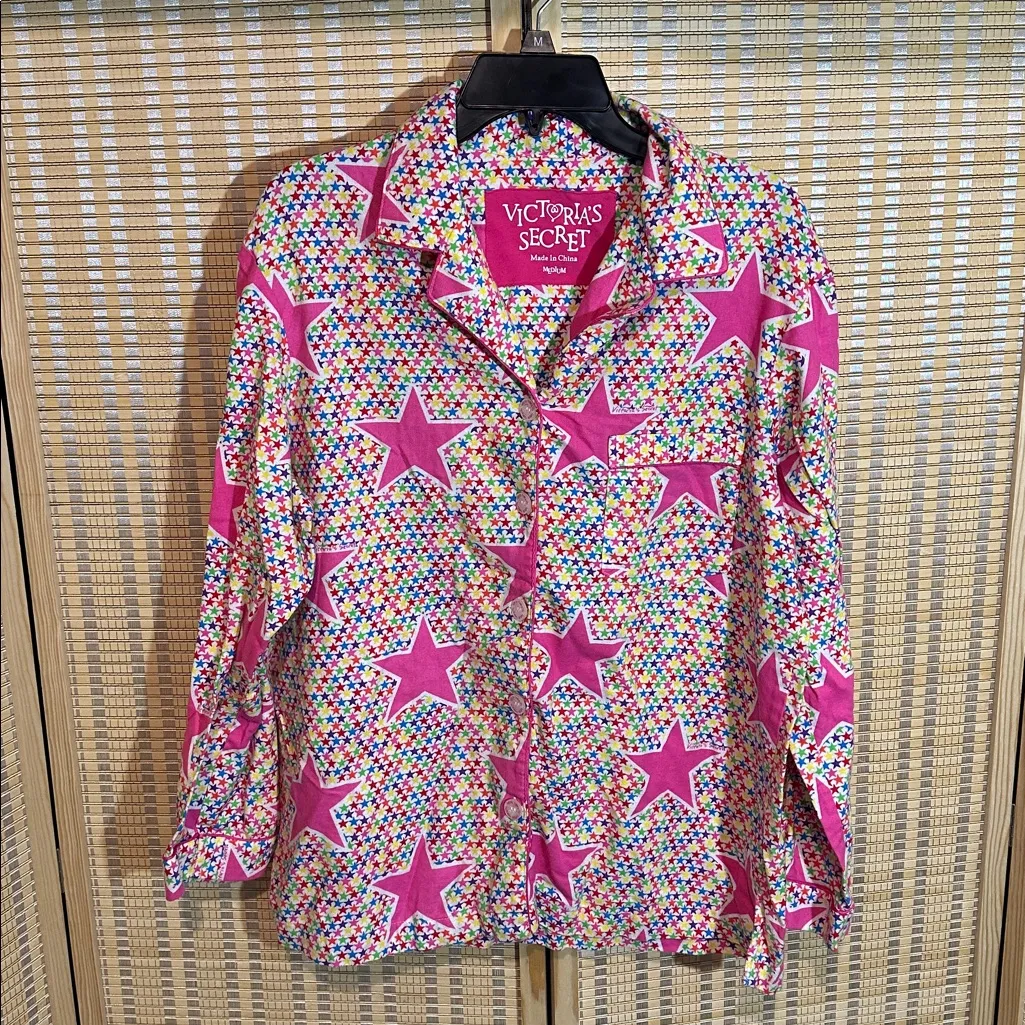 Victoria's Secret Y2K 2 Piece Cotton Pajama Set Pink & White With Stars Medium - Image 3