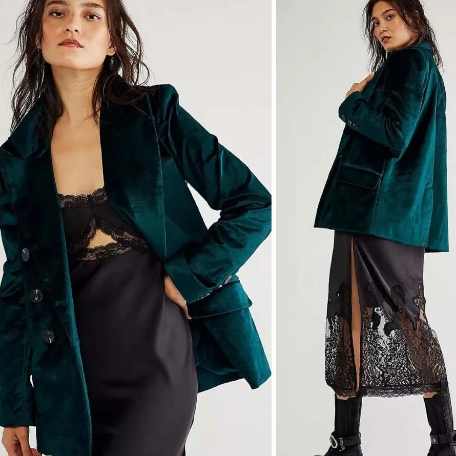 Free People NWT Jade Green Velvet Ashby Double Breasted Oversized Blazer Small - Image 2