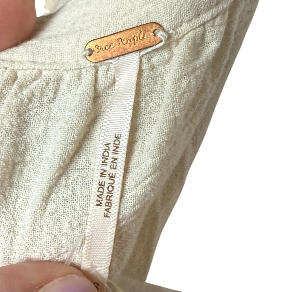 Free People Mini Dress XS Cream Gauzy Boho Peasant Ruched Buttons Neutral NWT - Image 9