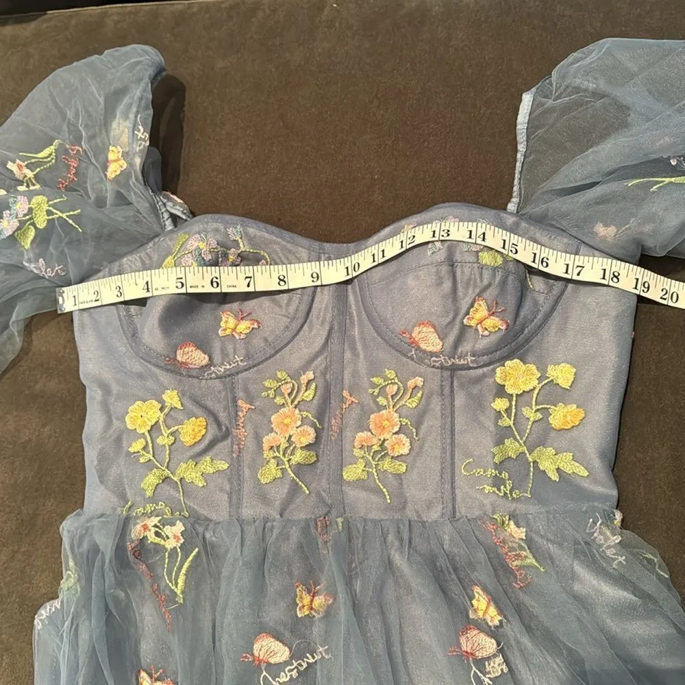 Women’s Blue Dress Embroidered Flowers & Butterflies Corset Back Size 12 NWOT Blue - Image 9